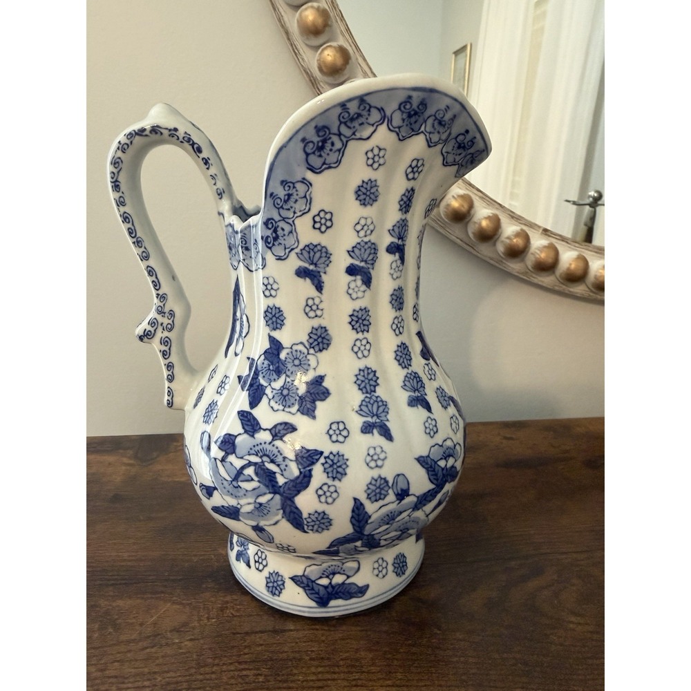Andrea by Sadek Blue White Floral Chintz Pitcher Vase Porcelain China